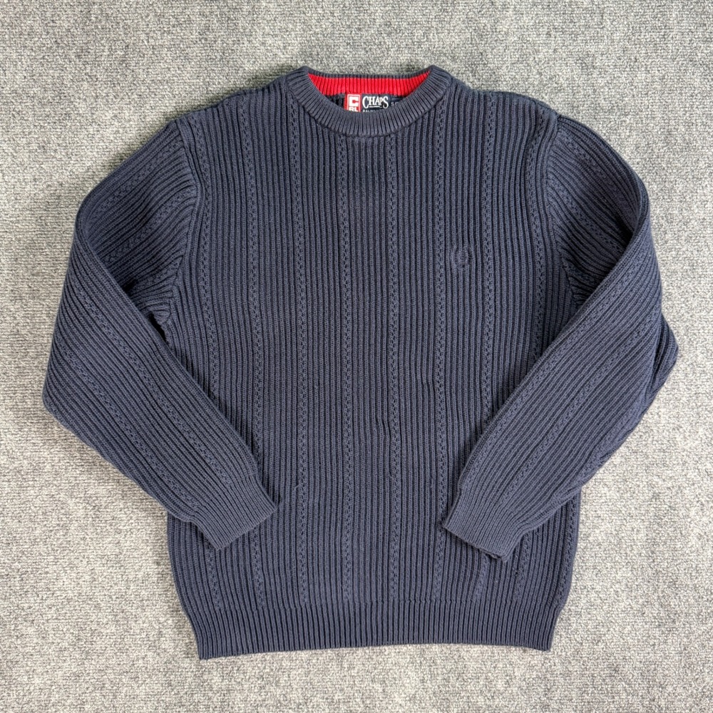 Chaps Ralph Lauren Mens Sweater Blue Cotton Ribbed Knit Crewneck Pullover